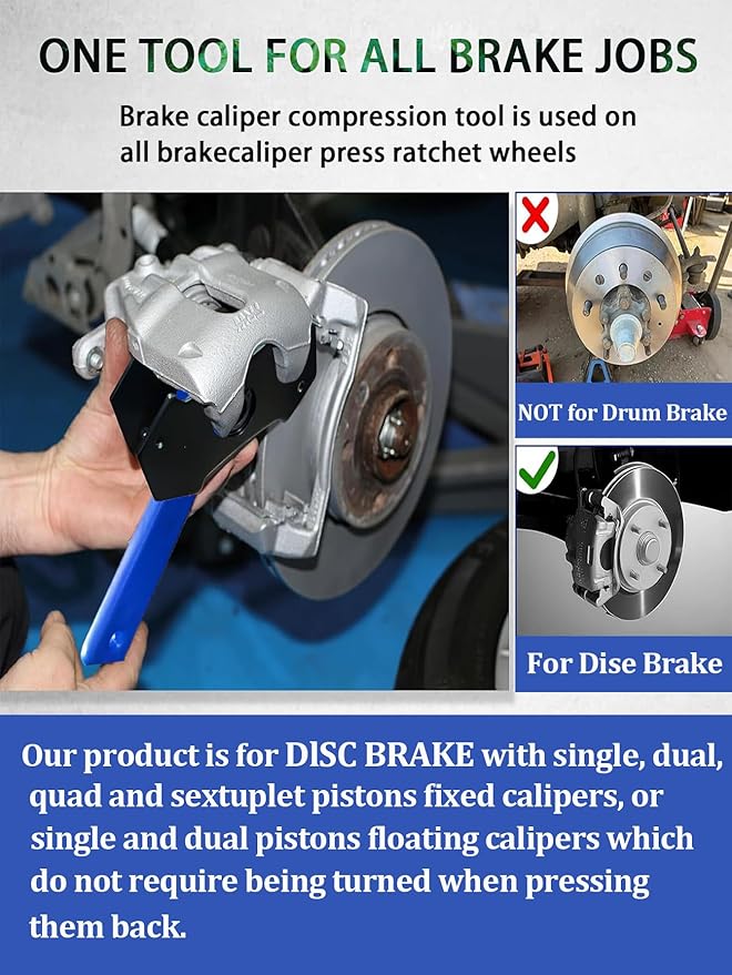 Brake Caliper Compression Tool with 4pcs Caliper Hanger, 360° Rotating Ratchet Brake Tools for Disc Brake Pad Spreader for Single/Twin/Quad Piston Calipers, Steel Plates Range from 1.4"-2.75"