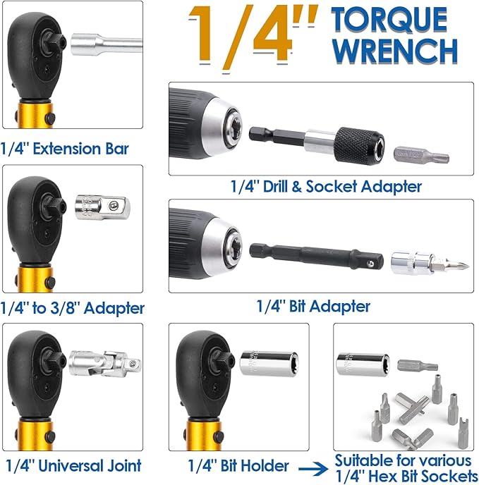 50Pcs Master Bike Torque Wrench Set, 1/4 Inch Drive, 10-230 IN.LB (1-26.0 Nm), Inch Pound Click Torque Wrench with Bit Sockets, 0.1 Nm Micro, 3/8 Adapter, Pro Bicycle Tool Kit for MTB