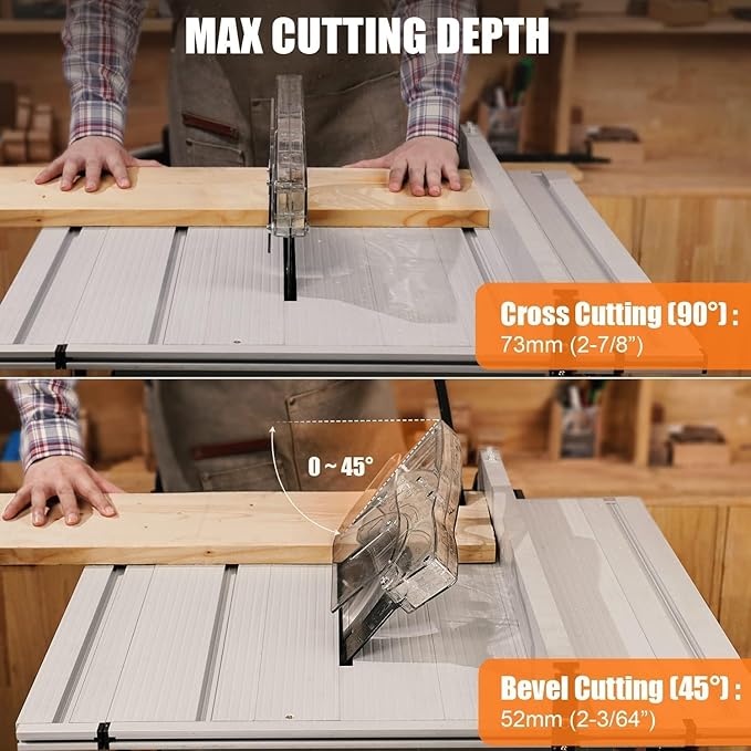 PioneerWorks 10 Inch Table Saw, 15A Multifunctional Saw With Stand & Push Stick, 90° Cross Cut & 0-45° Bevel Cut, 5000RPM, Adjustable Blade Height for Woodworking