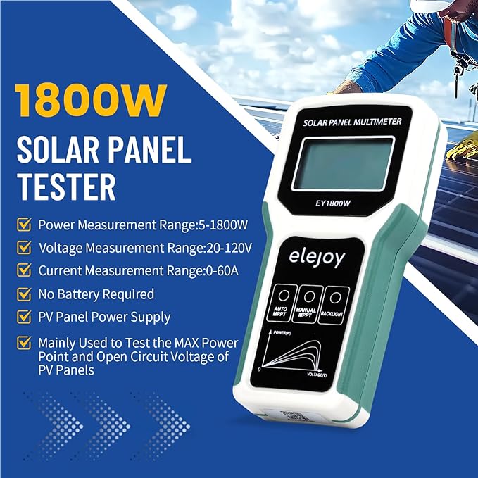 1800W Solar Panel Tester MPPT Photovoltaic Multimeter & Watt Meter Smart Portable Tool for Solar PV Panel Data & Troubleshoot Measures Power Output, Performance, and Open Circuit Voltage