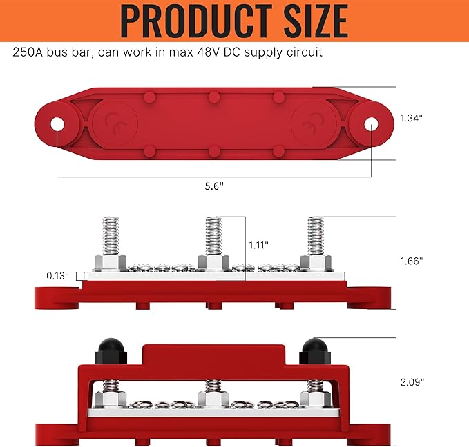 Joinfworld Power Distribution Block Bus Bar 12V 250A with 3 x 5/16"(M8) Studs, Marine Bus Bar Terminal Block 12 Volt DC Battery Busbar with Cover - Negative&Positive