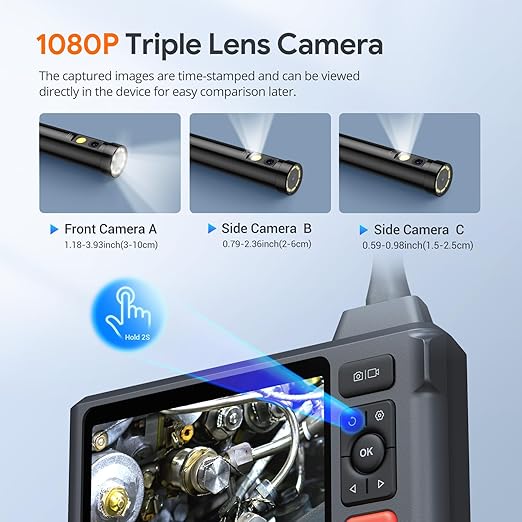 Triple Lens Borescope Tool, DEPSTECH 5" IPS Screen Endoscope Camera with Lights, 1080P Sewer Inspection Camera & Split Screen, 180° Rotation, IP67 Snake Cable, Gadget for Automotive Mechanical Repair