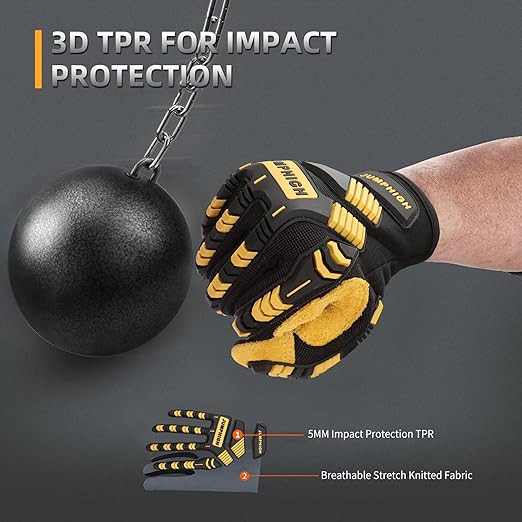 JUMPHIGH Safety Work Gloves, Synthetic Leather Impact-Resistant Heavy Duty Mechanic Gloves, Sensitive Touch Screen, Flexible Grip Gloves for Work (L)