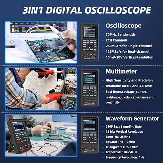 Hantek 2D72 Handheld Oscilloscope 70MHz Waveform Generator Multimeter 3 in 1 Multifunction Tester 2CH+AFG+DMM