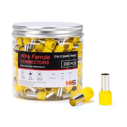 HKS 200PCS Wire Ferrule Connectors - AWG 6-16.0mm² Copper Barrel Pin Cord Ends Insulated Ferrules Terminals - E16-12 Yellow