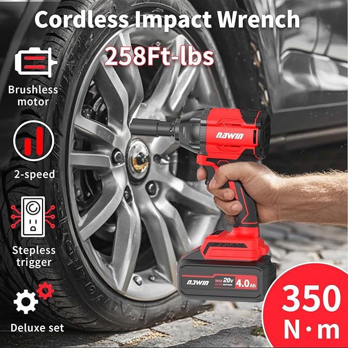 NAWIN Cordless Impact Wrench, 258Ft-lbs & 350Nm Power Impact Socket Set, 1/2 inch, Multi-Speed Adjustment, Led Light, 20V Impact Wrench with 1×4.0Ah Battery, Fast Charger