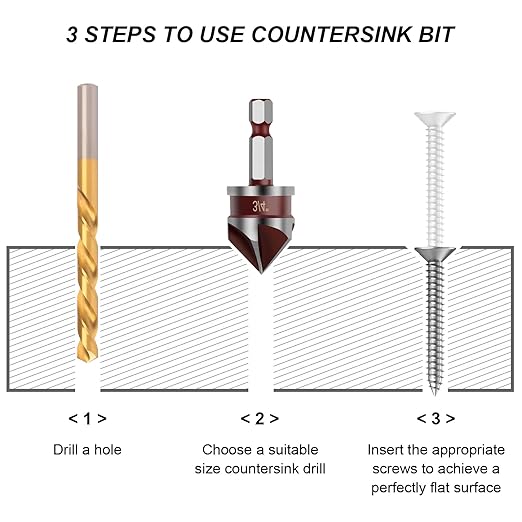 Countersink Drill Bit, 5PCS 82 Degree HSS 1/4"-3/4" with 1/4" Hex Shank Countersink Drill Bit Set, Counter Sink Drill Bit for Wood, Metal, Plastic, Countersink Bit for Woodwork