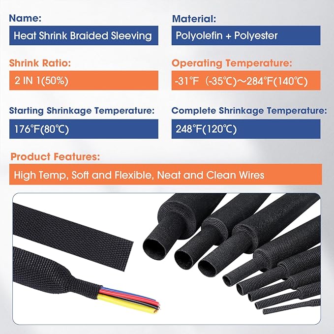 2:1 Heat shrinkable Braided Sleeving Fabric Wire Loom High Temp Heat Shrink Wiring Harness Abrasion Protector Cable Sleeve(1/2"-15ft)