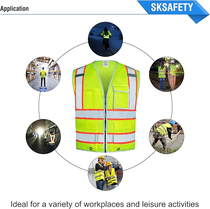 SKSAFETY 10 Pockets Safety Vest, Class 2 High Visibility Security with Zipper, Hi Vis Vest with Reflective Strips, ANSI/ISEA Standard, Construction Work Vest for Men ＆ Women （Lime, M）