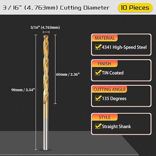 Drill Bit, 3/16" Cutting Diameter, 4341 HSS TiN Coated 135° Cutting Angle Jobber Bits - (Applications: for Drilling Soft Metal Plastic Wood), 10-Pieces