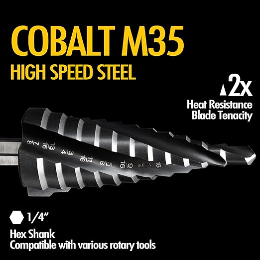 Four Spiral Flute Cobalt Step Drill Bit, 3/16'' - 7/8'' M35 TiAlN Coating Impact Ready Unibit Step Drill Bit, 1/4" Hex Shank Step Bit for Metal, Stainless Steel, Aluminum, Plastic