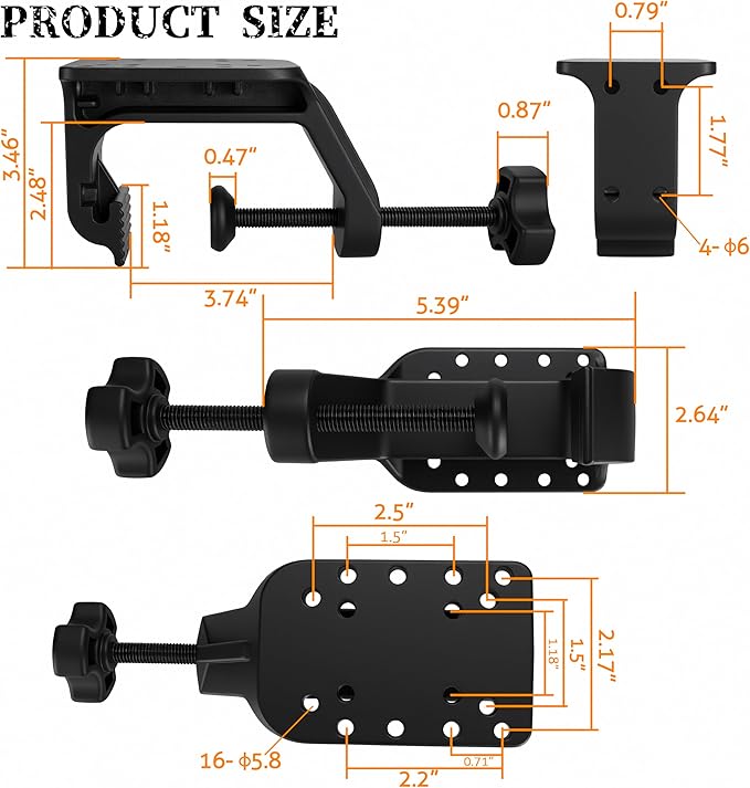 Heavy Duty C-Clamp Mount Compatible with RAM Systems 1" and 1.5" Size Round Ball Bases,Aluminum C Clamp Kayak Mount,3.27-Inch Jaw Opening