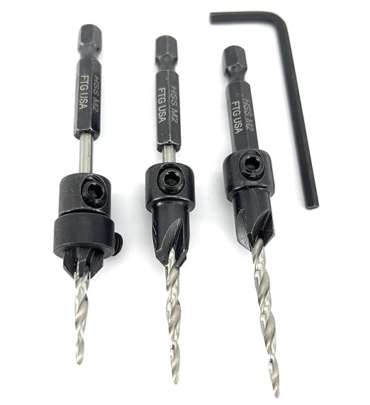 FTG USA Countersink Drill Bit Set for Wood with Tapered Drill Bit 3 Pc #6 (9/64")