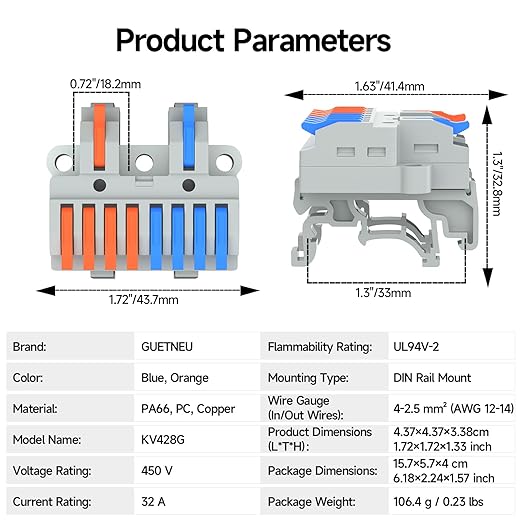 3Pcs Lever Wire Connectors, 2 in 8 Out, Push-in, 4-2.5 mm² Quick Wiring DIN Terminal Blocks, 30Pcs Wire Ferrules Terminals & 5.51 Inch DIN Rail Included