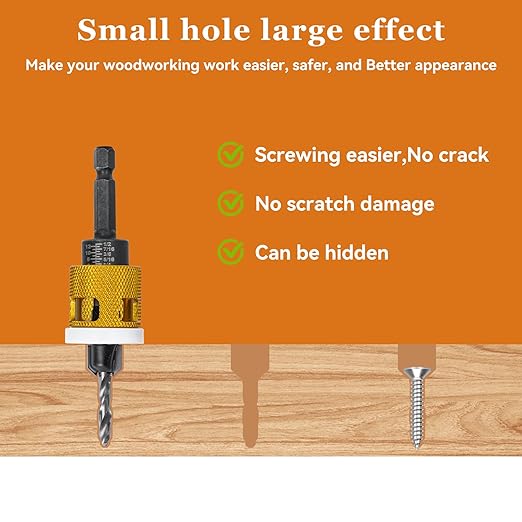 5 Pcs Hex Shank Countersink Drill Bit Set with Low Friction Depth Stop, 1/8" 9/64" 5/32" Drill+3/8” 82° Counter-Bore,11/64" 3/16" Drill+ 1/2" 82° Counter Bore,HSS M2 Tapered Bits (Yellow)