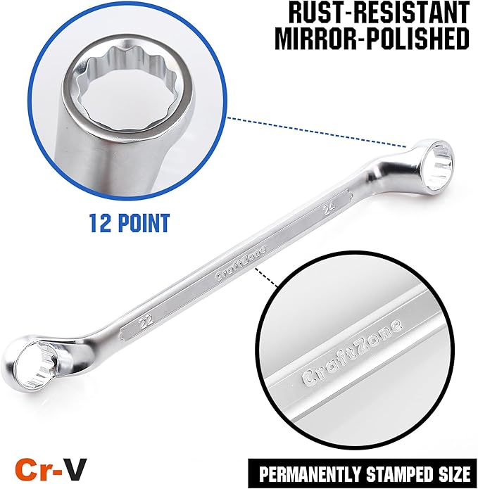 9pcs Double Offset Box End Wrenches Set, Metric Ratcheting Wrench Set, CR-V Steel with Rolling Pouch