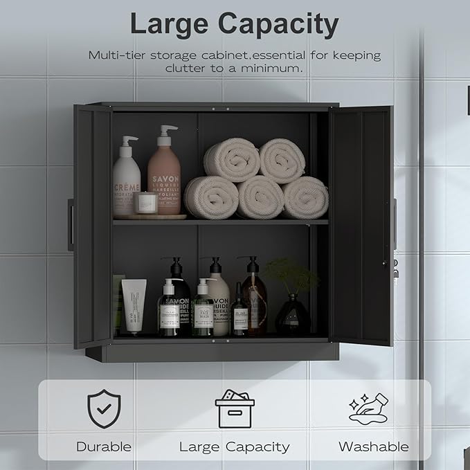 Metal Wall Cabinet,Garage Wall Cabinet with Handle,Lockable Storage Cabinets Wall Mounted with 2 Doors,Locking Cabinet with Shelves for Basement,Living Home,Black