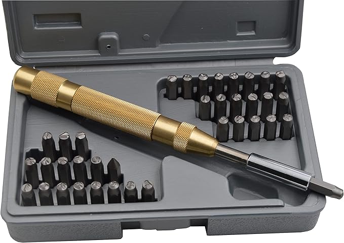 WKSTOOL 27pc Steel Stamp 1/8 3mm Heavy Duty Uppercase Letter Number Symbols with Spring Punches Hand Stamping Character Code Alphabet Marking Set for Mold Metal Jewelry Crypto Plate Leather