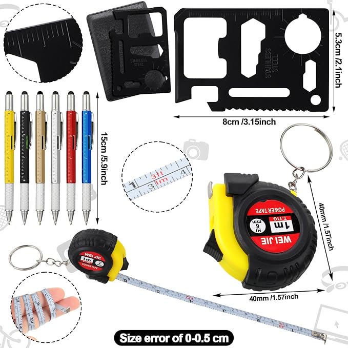 24 Pcs Mini Tape Screwdriver Keychain Set Christmas Men Gifts Bulk Adult Party Favors Multitool Pen Card Tool Measuring Keychains Stocking Christmas Stuffers for Men Dad (Multicolor)