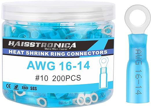 haisstronica 200PCS Heat Shrink Ring Terminals #10 Marine Grade Wire Connectors Blue AWG 16-14 Gauge, Tinned Red Copper 0.7mm Resistant Ring Connectors, Brazed-Seam Insulated Electrical Crimp