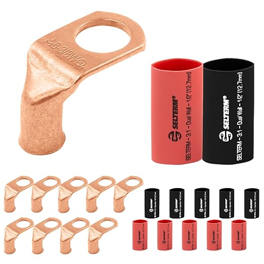 SELTERM 10pcs - 6 AWG 3/8" (Wide Pad) Stud 90° Bent Battery Lugs - Ring Terminal Connectors with 12pcs 3:1 Black & Red 1/2" Heat Shrink Tubing - Heavy Duty Cable Ends - Bare Copper Wire Connectors Kit