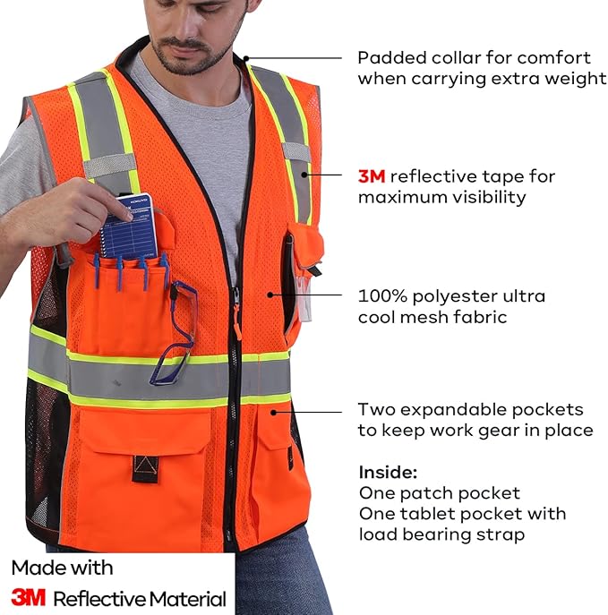 Neopelta Reflective Safety Vest Orange Mesh, Made with 3M Reflective Tape, Heavy Duty Vest with ID pocket, Padded Neck, Orange XL