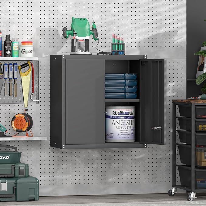 GREATMEET Metal Garage Storage Cabinet with Lock, Metal Wall Cabinets for Garage, Wall Mount Cabinet, Upper Cabinets Wall Mounted, Utility Cabinet with Adjustable Shelf, Black