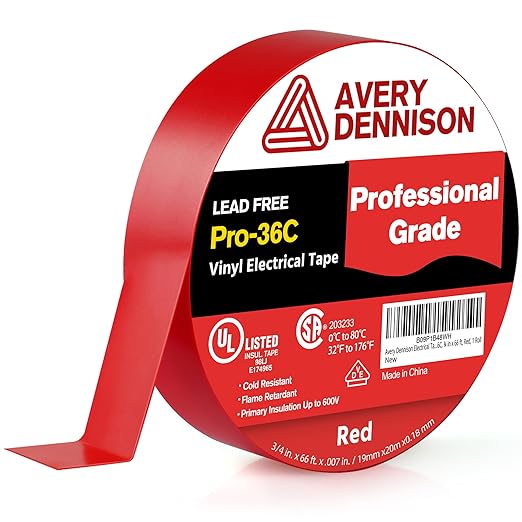 Avery Dennison Electrical Tape, Professional Grade PVC Electric Tape, UL/CSA Listed Insulating Vinyl Tape for Electrical, Repairs, Automotive and Equipment, Pro-36C, ¾ in x 66 ft, Red, 1 Roll