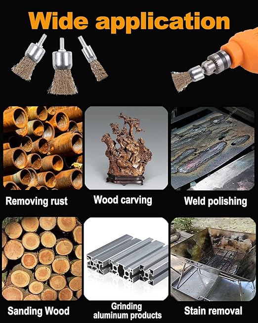 Rocaris 15 Pack Brass Coated Wire Brush Wheel & Cup Brush Set with 1/4-Inch Shank, 3 Sizes Coated Wire Drill Brush Set Perfect for Removal of Rust/Corrosion/Paint