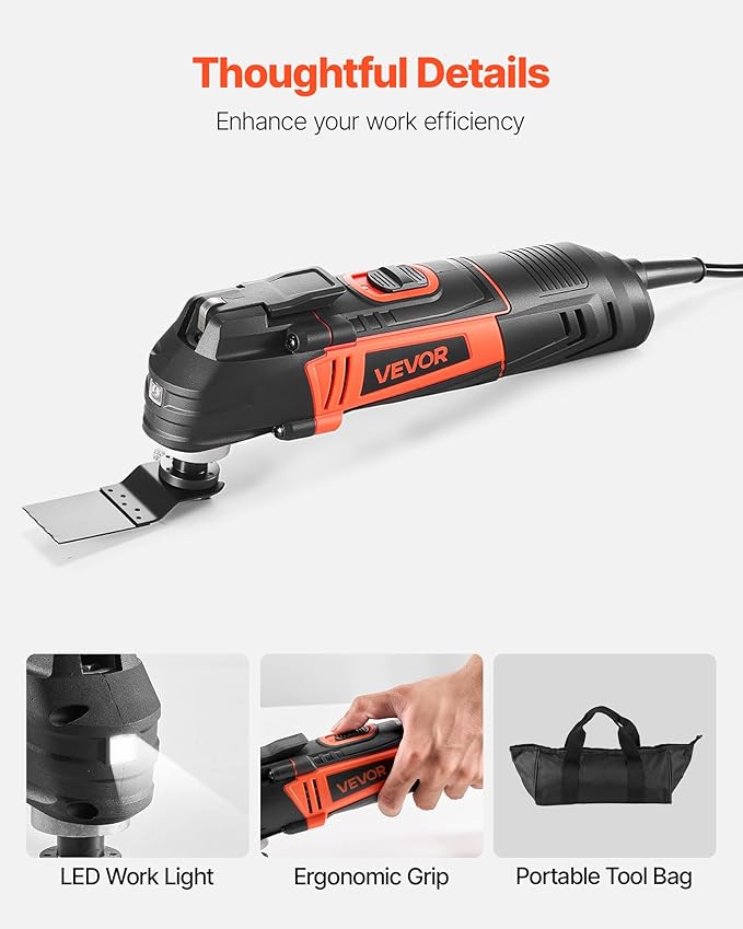VEVOR Multitool Oscillating Tool, 3Amps Corded Oscillating Multi Tool with 6 Variable Speeds 15000-22000 OPM, 3.2° Oscillating Angle, 13PCS Saw Accessories, LED Work Light & Tool Bag