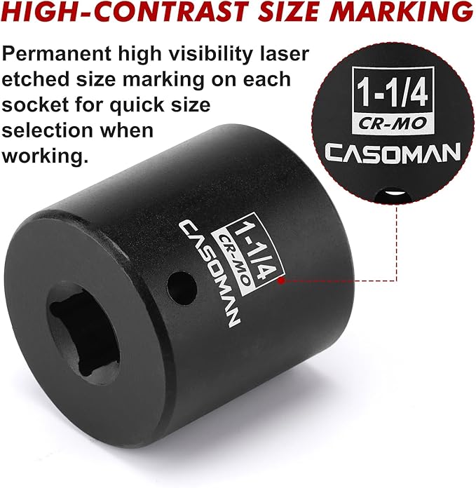 CASOMAN 1/2" Drive x 1-1/4" Impact Socket, 6-Point, SAE, CR-MO