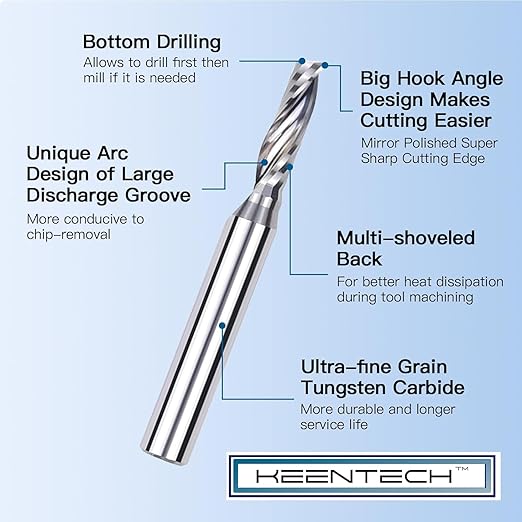 KEENTECH 1/2" Shank Upcut O Flute Flat Tip Sprial Router Bit for CNC Router Machine, 1/2" Cutting Diameter, 1-1/8" Cutting Depth, for Wood Cutting, Custom Furniture, Slot Mortise, Engraving, Carving
