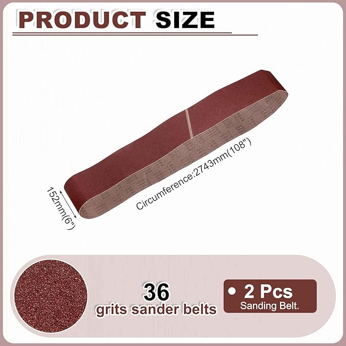 HARFINGTON 6 x 108 Inch Sanding Belts, 2 Pcs 36 Grit Aluminum Oxide Abrasive Belt Sander File Belt for Woodworking, Metal Polishing, Knife Sharpener