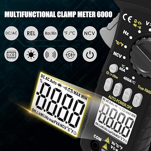 AIOMEST Digital Clamp Meter, TRMS 6000 Counts Multimeter NCV Tester for AC/DC Voltage Current Capacitance Temp Frequency Resistance Measuring with Backlit AI-7200B