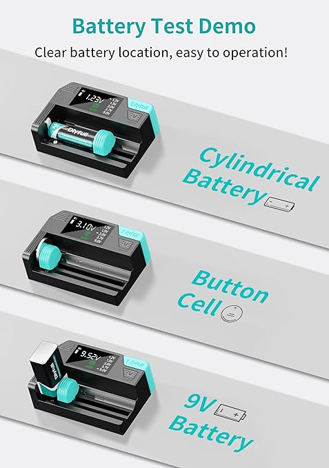 Universal Battery Tester, Dlypow Small Digital Battery Checker with LCD Display for Household Batteries AA AAA C D 9V 18650 CR123A LR44 CR2032 CR2 CRV3 1.5V/3V Button Cell Batteries, Cable Included