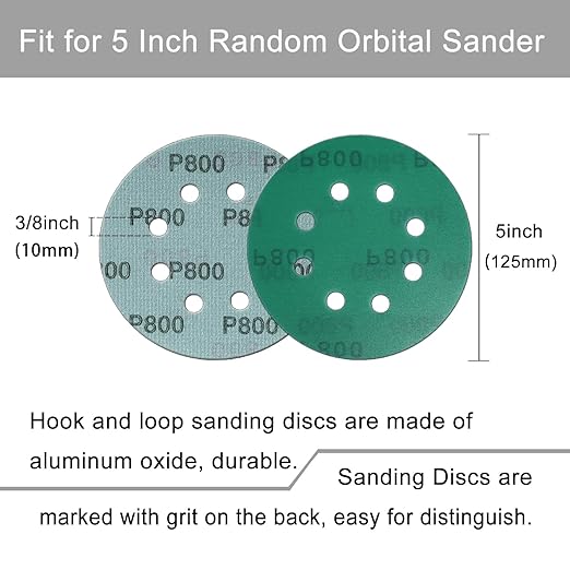 5 Inch 8 Hole Sanding Discs, 50 Pcs Wer Dry Sandpaper 800 Grit Hook and Loop Green Polyester Film Backed Sanding Disc for Random Orbital Sander Wood Car Metal Plastic (800 Grit, 50 Pack)