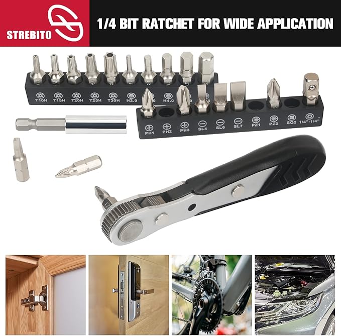 STREBITO Mini Ratchet Set, 22-Piece 1/4 Ratchet Right Angle Screwdriver, 36-Tooth Small Ratcheting Wrench Bit Ratchet For Tight Spaces, with Phillips, Slotted, Torx, Hex, Square and Adapter for Socket