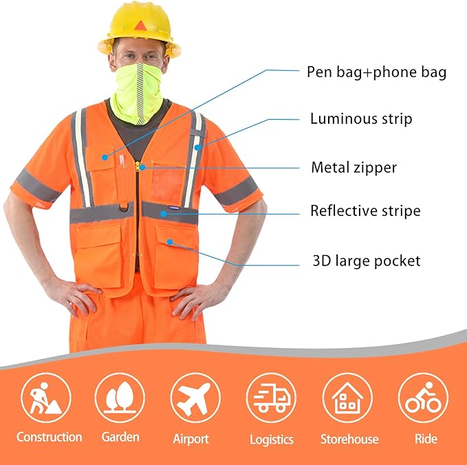 A-SAFETY 6xl 7xl 8xl High vis Reflective Mesh Glow Vest orange Class 3