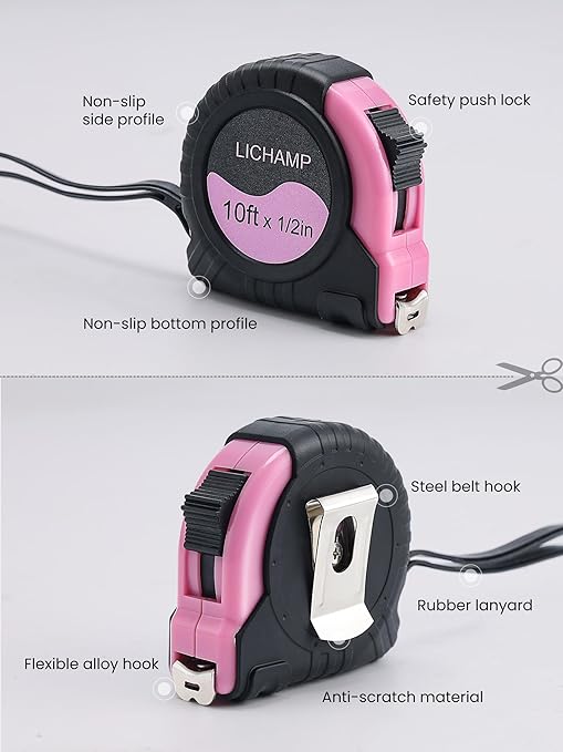 Lichamp Small Tape Measure 10 Feet, Pink Tape Measure Mini 3 Pack 10ft x 1/2in with 1/8 Fractions, 0310PK