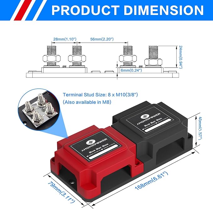 400A Bus Bar 12V Waterproof Power Distribution Block with 8 x M10(3/8") Terminal Studs Heavy Duty Marine Bus Bar Module Design for Automotive RV Car Marine Truck Boat