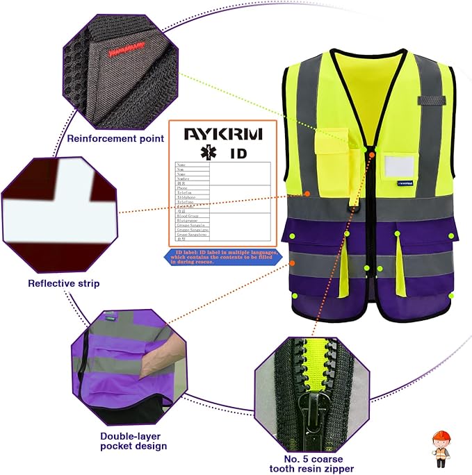 A-SAFETY Yellow purple reflective Working Vest with Zipper Pockets