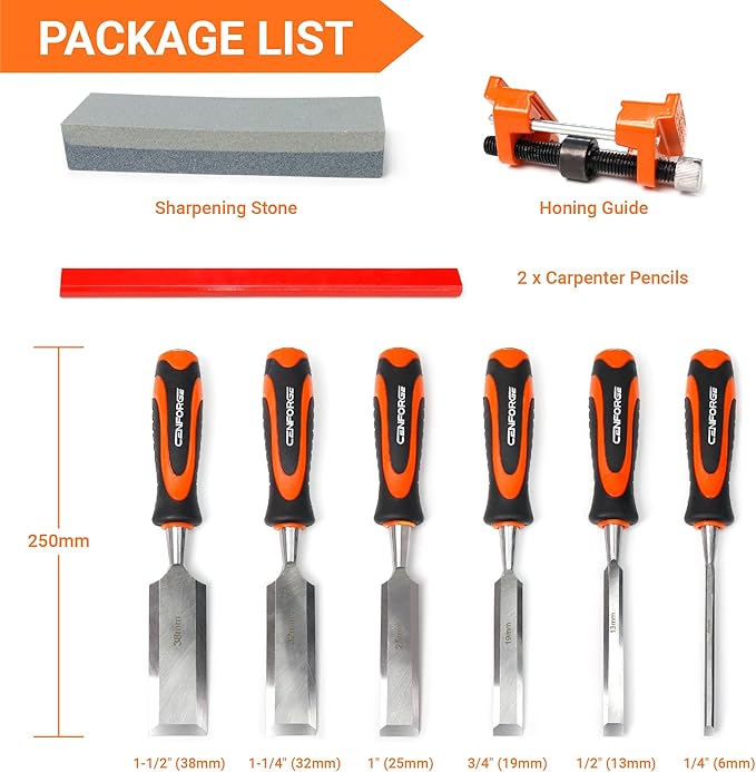 10-PC Wood Chisel Set, 6 Wood Chisels with 1 Honing Guide, 1 Sharpening Stone and 2 Carpenter Pencils, Wood Chisels for Woodworking, formones para carpintería