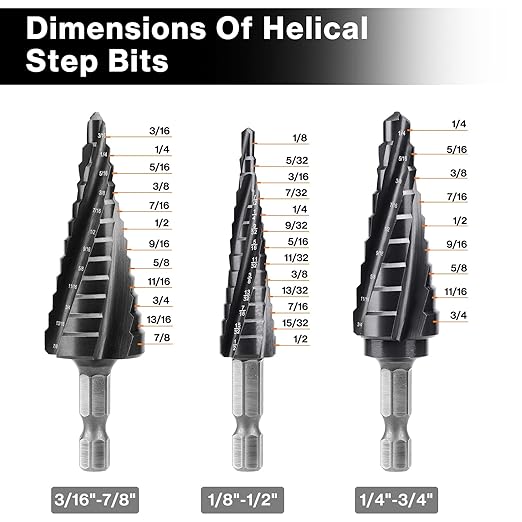 Lytool 3-Piece M35 Cobalt Step Drill Bits Set, 1/8"-7/8", 1/4" Hex Shank Four Spiral Flute Unibit for Metal, Stainless Steel, Aluminum, Wood, Plastic, for DIYers, Electricians, Fabricators