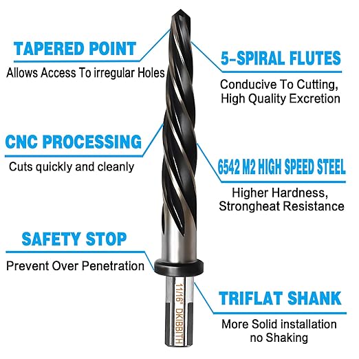 DKIBBITH 11/16" Bridge Construction Reamer Drill Bit, M2 HSS Taper Chucking Reamer for Steel Alloy Metal Wood Plastic, 1/2" Non-Slip Shank, 5-Spiral Flutes Car Reamer, to Align or Enlarge Holes, 17mm