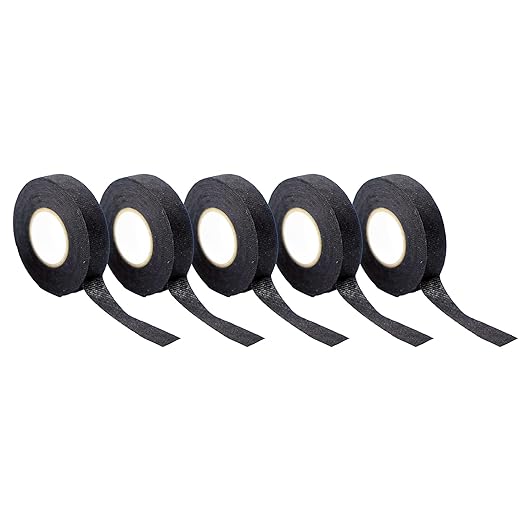 Wire Harness Cloth Tape, 3/4-Inch by 49-Foot (5 Rolls), Speaker Wiring Harness Cloth Tape, Black Adhesive Fabric Tape, for Automobile Electrical Wire harnessing Noise Dampening Heat Proof