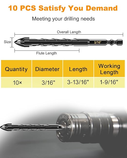 TITGGI 3/16" (10PCS) Masonry Drill Bit Set & Cement Drill Bits, Professional Concrete Drill Bit Set for Glass/Brick/Plastic/Cement/Wood/Tile/Etc, Industrial Strength Carbide Drill Bit Tip