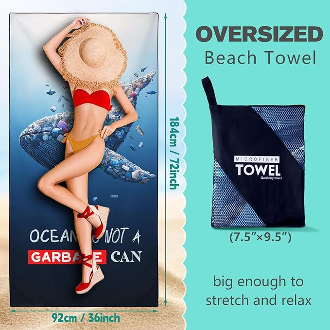 Protect Marine Ecology Beach Towel Oversized 36" x 72", Thin Lightweight Sand Free Quick Dry Microfiber Towel for Swimming Pool Cruise Camping Travel