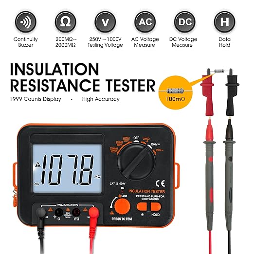 BTMETER Megohmmeter 1000V Insulation Resistance Tester, Electrical Megaohm Meter 200MΩ~2K Megohm Megger with 250V/500V/1000V Testing Voltage, Digital Multimeter Measure AC DC Voltage