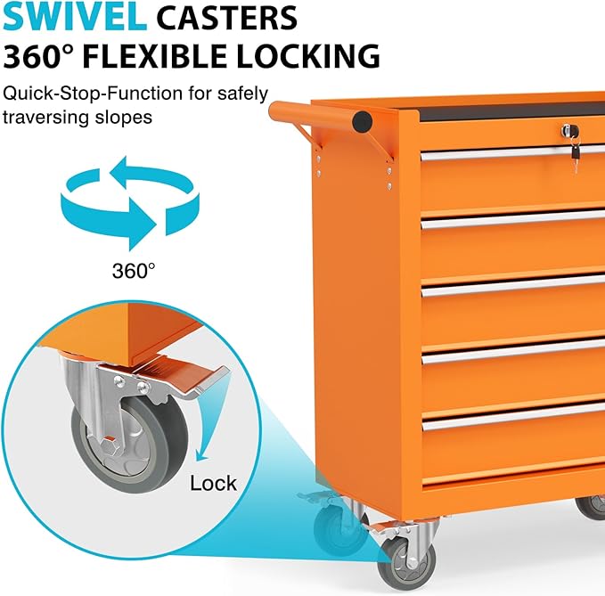5 Drawers Rolling Tool Chest, Portable Storage Tool Box with Wheels, Tool Chest with Lock for Warehouse, Garage, Repair Shop and Tool Room