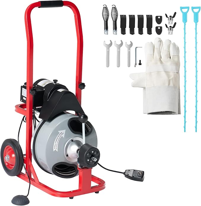 Albott 100 FT x 3/8 inch Electric Drain Cleaner Machine with Auto-Feed & 10 Cutters, Sewer Snake Auger for 1–4 Inch Pipes, Foot Switch & Wheels, Ideal for Home & Commercial Use, Gray/Red